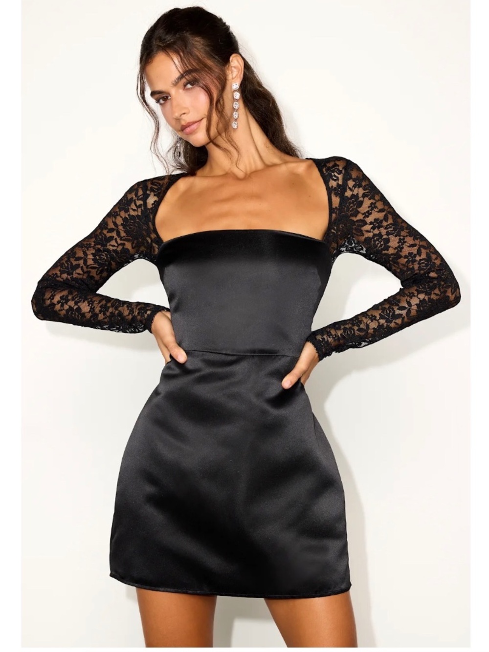 NWOT LULUS PRETTIEST BEHAVIOR BLACK SATIN LACE LONG SLEEVE MINI DRESS M